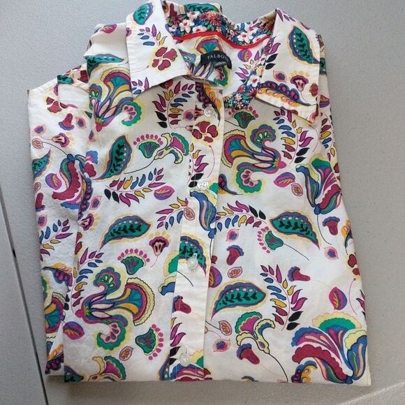 Talbots cotton multi paisley floral novelty folk button up long sleeve top Large - Picture 6 of 8